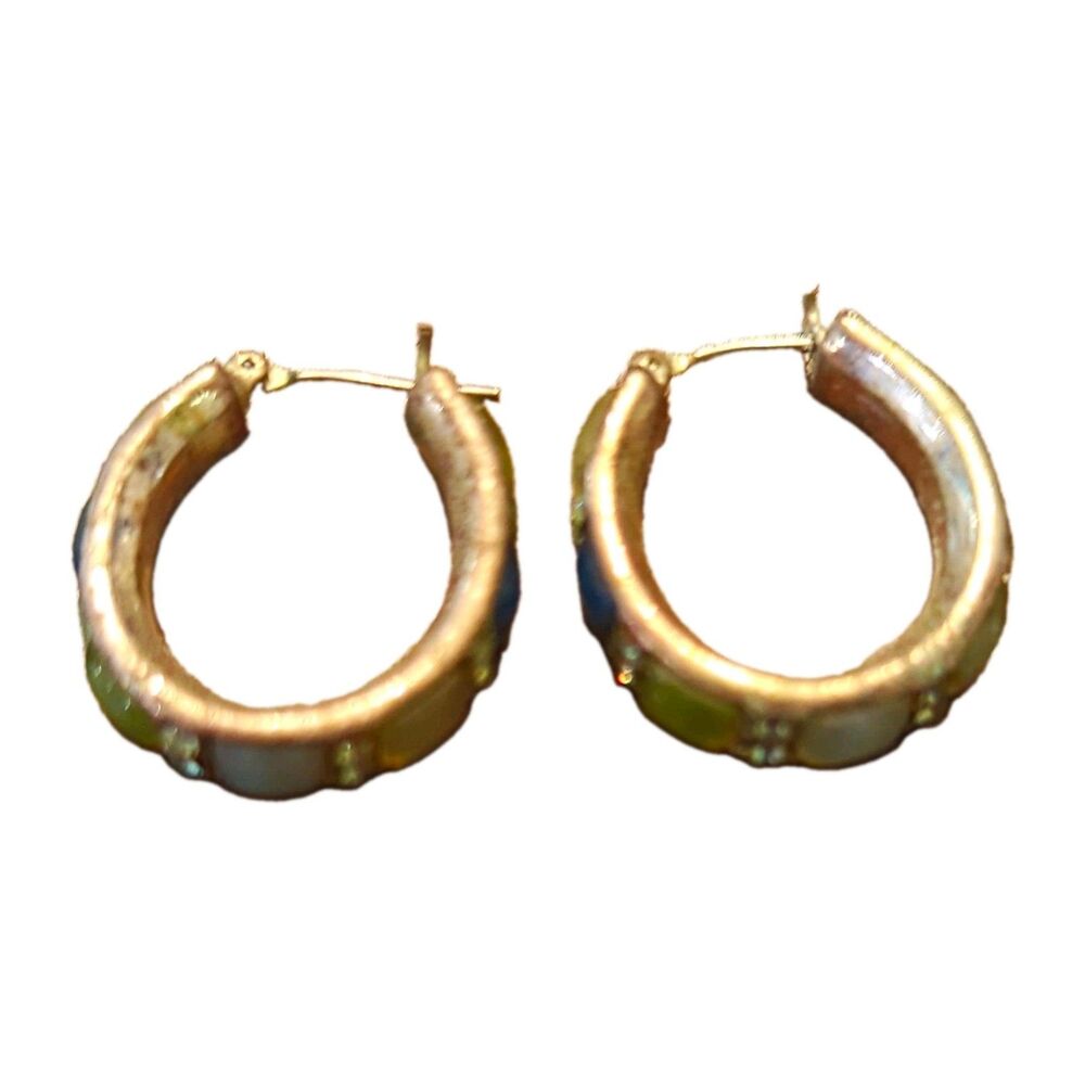 Silver-Tone Hinged Round Hoop Earrings with Green & White Inlay Accents